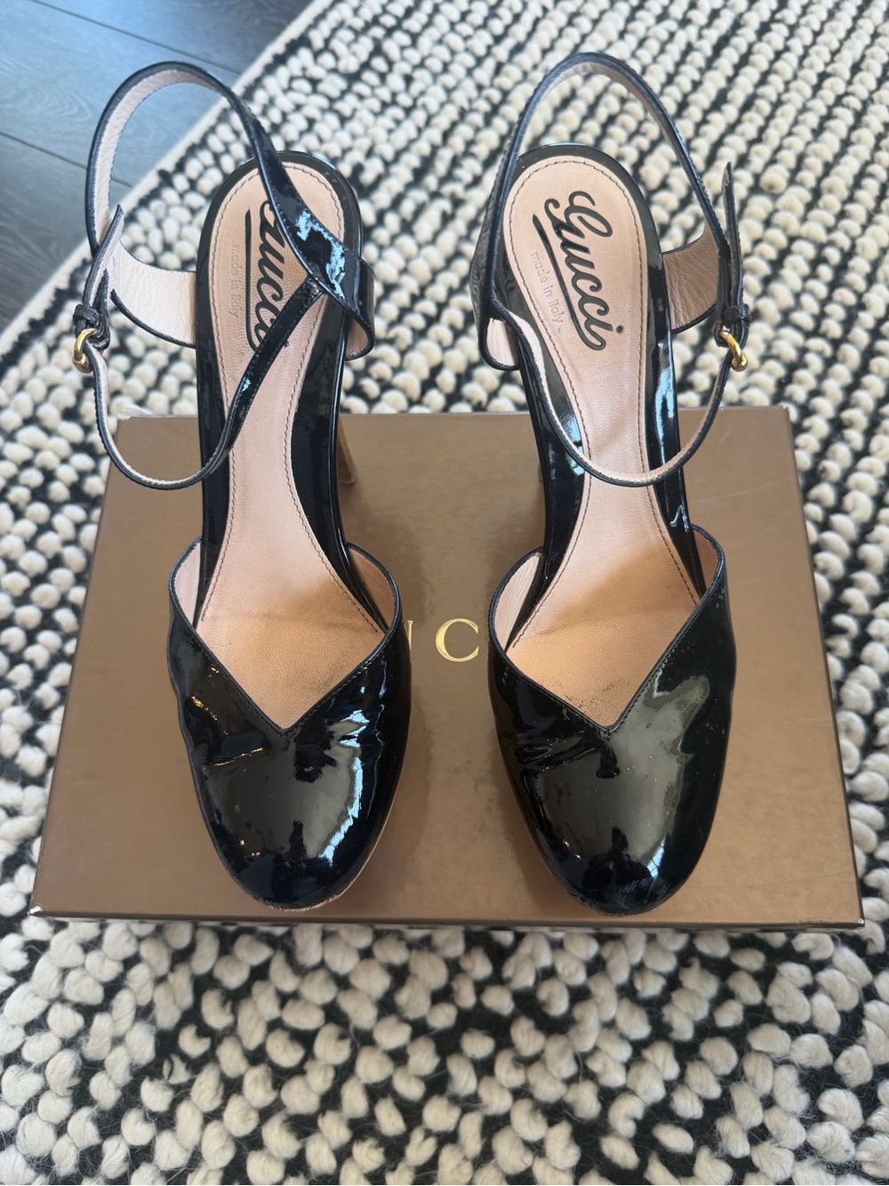 Gucci Black Patent Leather Slingback Heels